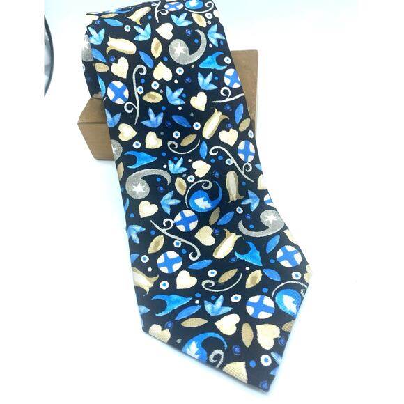 Christian Lacroix 100% silk Tie  Navy Blue Tan, light blue flowers abstract lady - Picture 8 of 8